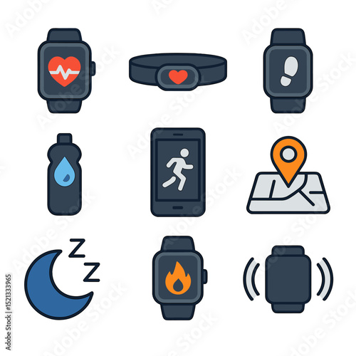 Wearable Fitness Tech Icons. Flat icon set of wearable fitness tech: smart watch, heart rate monitor, step