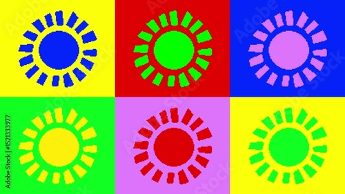 Cartoon Pixel Art Yellow Sun Moving in Pop Art Style on Black Background, Summer Animation. Summer themed backgrounds, retro gaming projects, animated GIFs, and fun, vintage inspired digital design