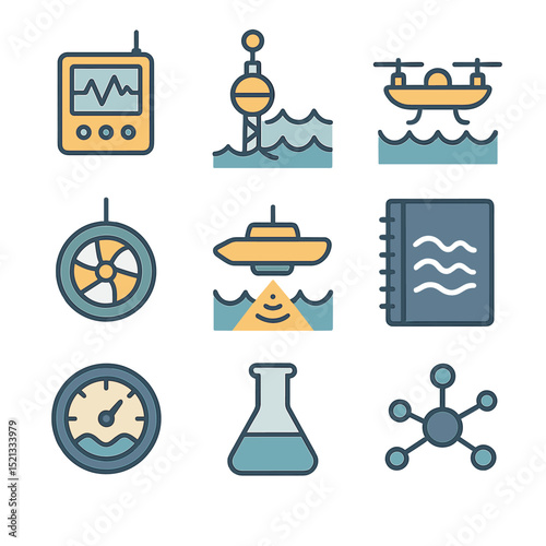 Wave Energy Research Icons. Flat icon set of wave energy research tools: data logger, wave sensor, marine
