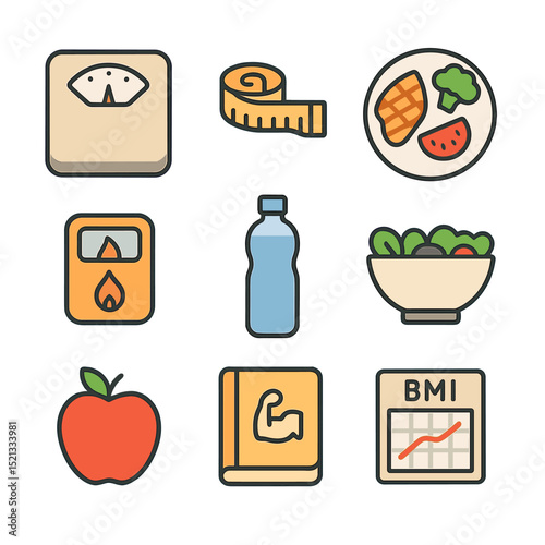 Weight Management Icons. Flat icon set of weight management: weighing scale, measuring tape, healthy meal