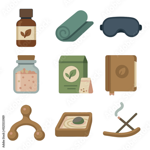 Wellness Gift Icons. Flat icon set of gifts for wellness and relaxation: essential oil bottle, yoga mat, sleep