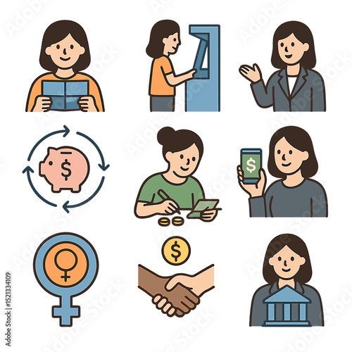 Women and Finance Icons. Flat icon set of women and finance: woman with bankbook, woman at ATM, female