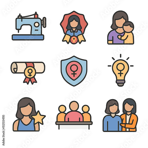Women's Empowerment Icons. Flat icon set of women’s empowerment support: sewing machine, leadership badge,
