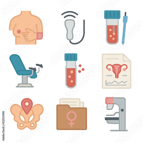 Women's Health Icon Set. Flat icon set of women's health screenings: breast exam model, ultrasound probe, pap