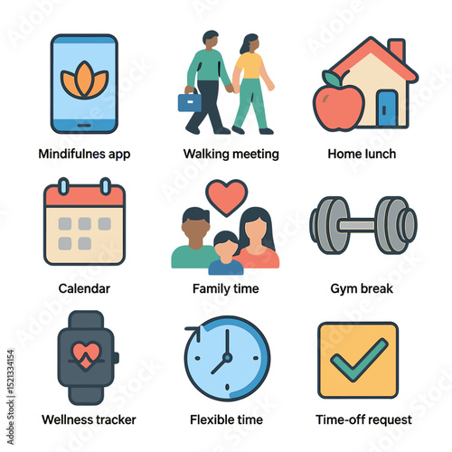 Work-Life Balance Icons. Flat icon set of work-life balance tools: mindfulness app, walking meeting, home