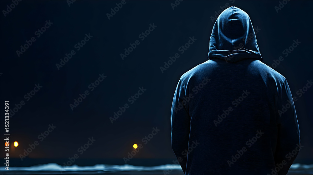 Silhouette Of Person In Dark Hoodie At Night Coastline Silhouette Of Person In Dark Hoodie At Night Coastline