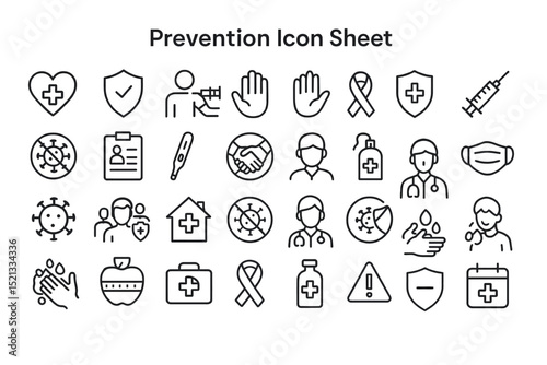 Healthcare Prevention Icon Sheet: A comprehensive collection of vector icons, meticulously crafted to visually communicate health prevention measures.