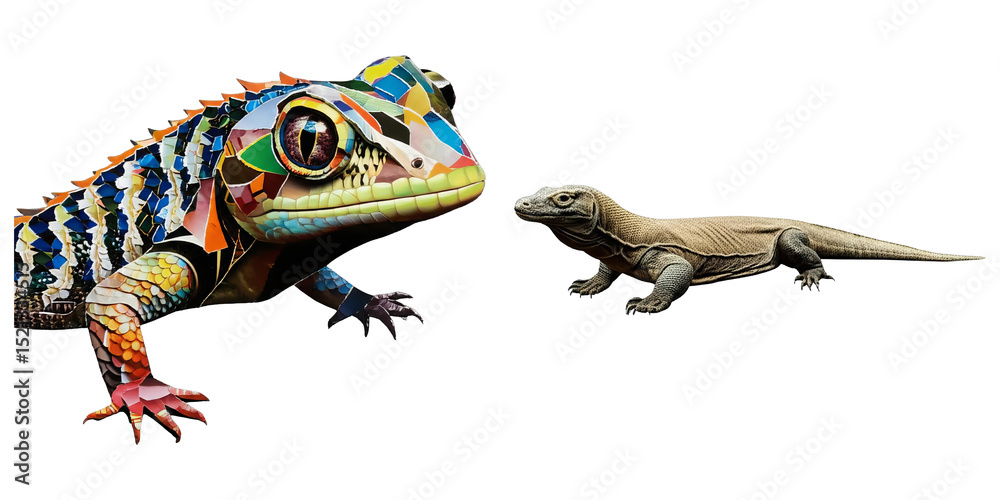 Naklejka premium PNG vibrant gecko and a scaled lizard coexist on a transparent canvas.