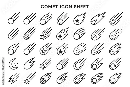 Comet Icon Sheet: A diverse collection of comet icons, perfect for website, app, or presentation design. Each comet is uniquely illustrated with varying tails and details.