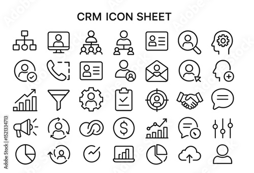 CRM Icon Sheet: A comprehensive collection of CRM icons, each meticulously crafted to represent various aspects of customer relationship management.