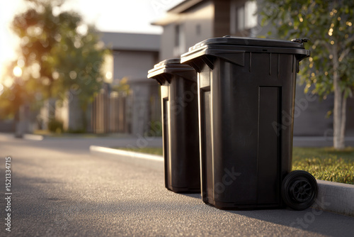 Two black garbage bins are positioned on the curb of a residential street. The sun casts a warm glow, highlighting the peaceful neighborhood ambiance