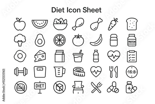 Diet Icon Sheet: A comprehensive collection of icons meticulously illustrating the diverse elements of a healthy diet, showcasing the foundation of balanced nutrition and wellness. 