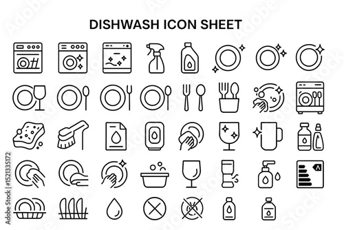 Dishwash Icon Sheet: A comprehensive collection of cleaning icons, offering a clear visual representation of various dishwashing tools and techniques.