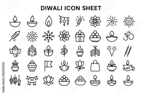 Diwali Icon Sheet: Celebrate Diwali with this festive icon sheet featuring traditional diya lamp, firework and sweets icons perfect for adding cultural flair to your designs.