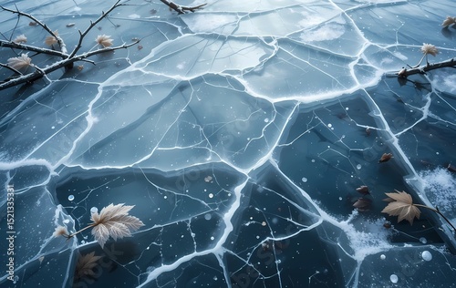 Intricate Ice Patterns with Fallen Leaves on Frozen Lake. This stunning high-angle close-up shot showcases the mesmerizing patterns of cracked ice on a frozen lake.