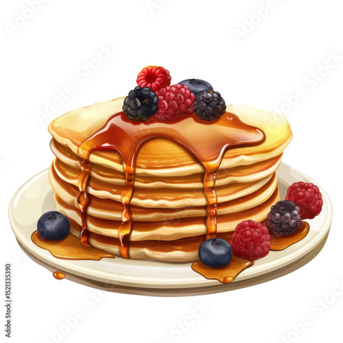 Delicious stack of fluffy pancakes topped with fresh berries and drizzled with syrup, creating mouthwatering breakfast treat that is both inviting and satisfying
