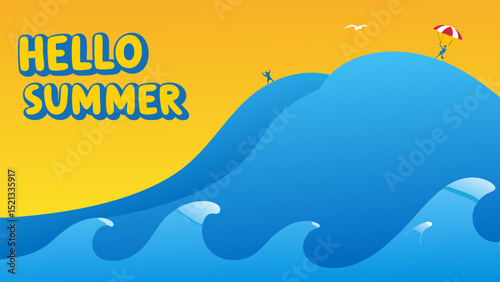 Hello summer text with blue waves and people enjoying summer activities on a yellow background scene design