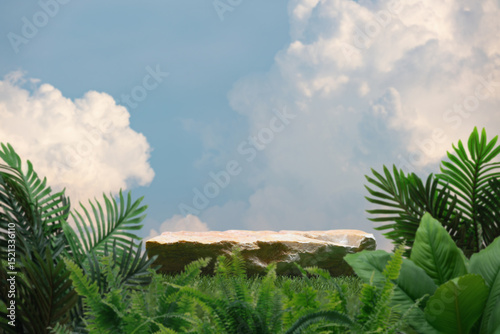 Surreal stone podium with green grass white clouds on blue sky nature forest background.Product present natural placement pedestal minimal display,paradise dreamy concept.