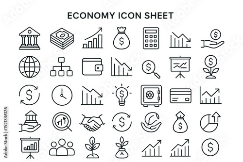 Economy Icon Set: A comprehensive collection of intricate line icons representing financial concepts, including money, graphs, and related symbols.