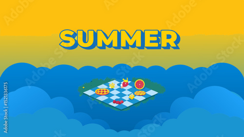 Illustration of a summer picnic on a checkered blanket with food against a cloudy blue and yellow sky