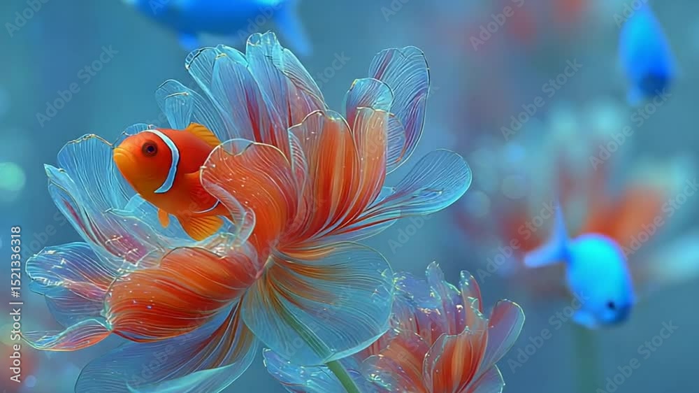Clownfish resting in translucent flower with blue fish swimming in fantasy undersea garden scene