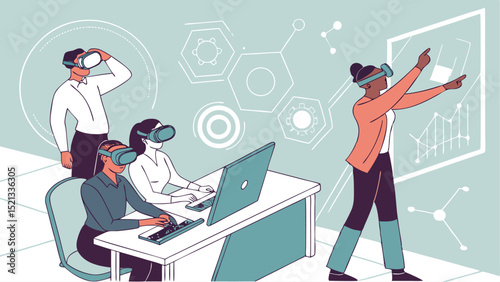People using virtual reality headsets in a futuristic office environment with data visualizations shown