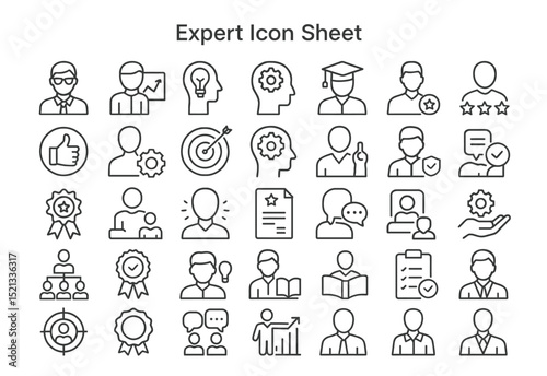 Expert Icon Sheet: A collection of detailed vector icons representing various aspects of expertise and knowledge, ideal for illustrating expertise and professional skills.
