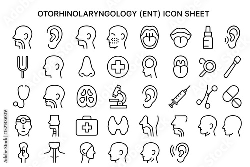 ENT Icon Sheet: A meticulously crafted icon sheet showcases a collection of detailed illustrations representing various aspects of ear, nose, and throat, embodying precision and professionalism.