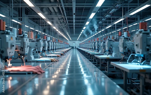 Industrial Sewing Machines in a Modern Factory. A long, well-lit factory floor showcasing numerous industrial sewing machines arranged in rows.