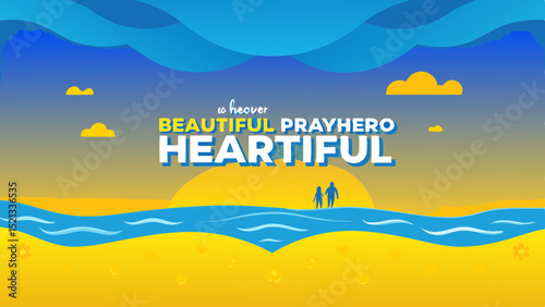 Illustration of a couple walking on the beach with inspirational text overlay at sunset scene view