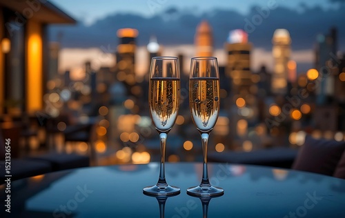 Two Champagne Flutes on a Rooftop Terrace at Sunset. Two champagne flutes filled with bubbly are positioned on a dark, reflective table outdoors on a rooftop terrace.