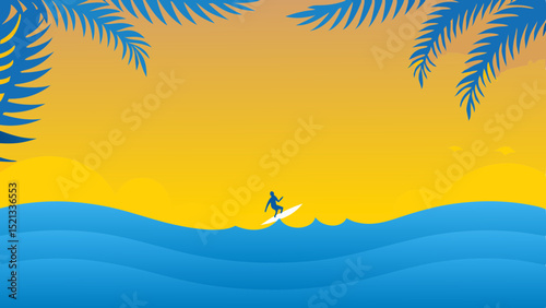 Silhouette of a surfer riding a wave under palm trees against a yellow and orange sky backdrop view