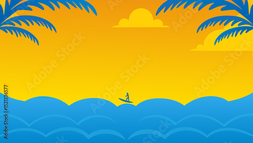 Silhouette of surfer on ocean waves with palm trees and yellow sky at sunset illustration