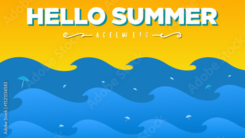 Hello summer themed background with blue waves and yellow sky with umbrellas in the ocean scene art