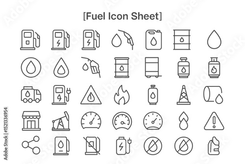 Fuel Icons: A comprehensive set of clean, minimalist fuel-related icons, ideal for design, representing elements such as fuel stations, droplets, barrels, fire, and related symbols.