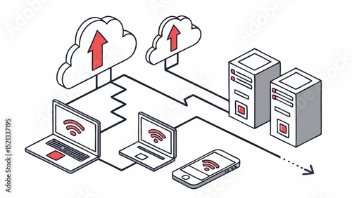 Illustration of cloud computing network with laptops, phone, servers, and upload arrows connected