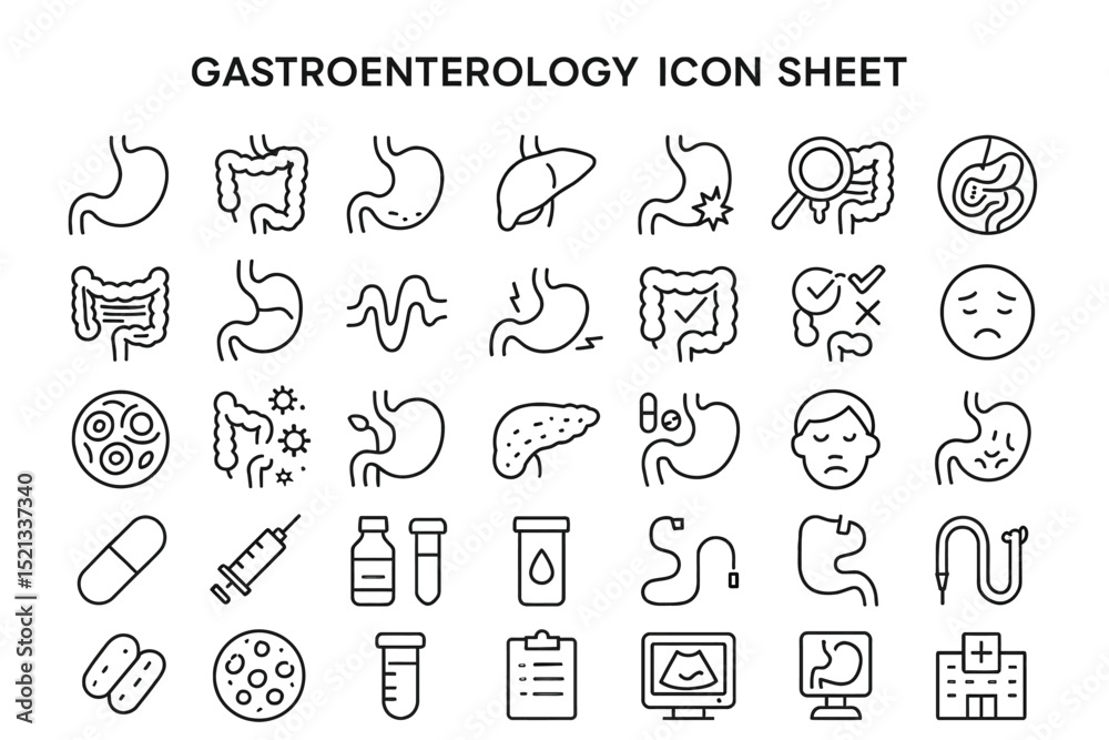 Fototapeta premium Gastroenterology Icon Sheet: A detailed icon sheet presents a comprehensive view of the human digestive system, featuring various organs, conditions, and medical symbols in a clean, linear design.