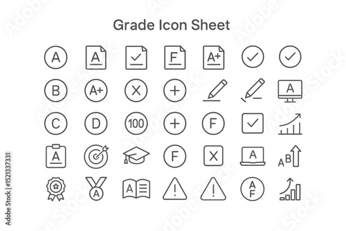 Grade Icon Sheet: A comprehensive visual guide featuring a variety of school grades icons, encompassing various levels of performance, and symbols, all rendered in a sleek, graphic style.