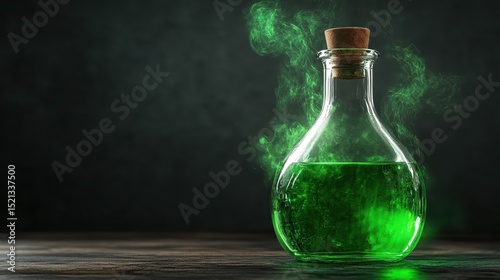 This image features a vintage glass bottle filled with a mysterious green liquid, emitting a spooky vapor, capturing the essence of alchemy and the unknown.