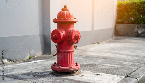 Old red fire hydrant in city street. Water standpipe for emergency fire access.