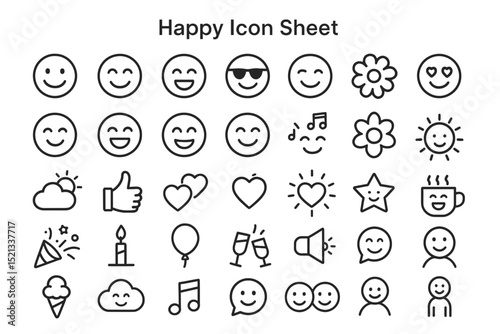 Happy Icon Sheet: Diverse range of simplistic, vector-based emoji icons conveying various emotions, thoughts and ideas.