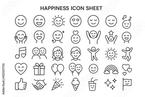 Joyful Icons of Happiness: A collection of diverse, minimalistic line-art icons representing a spectrum of positive emotions. Depicting feelings of joy, and celebration.