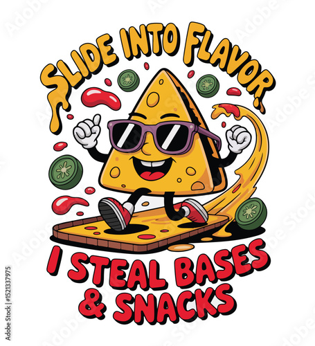 Slide Into Flavor – Funny Nacho Baseball Character Vector with Text “I Steal Bases and Snacks”