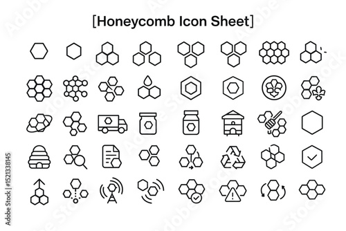 Honeycomb Icon Sheet: A collection of intricately designed honeycomb icons, perfect for illustrating concepts related to nature, technology, or graphic design.