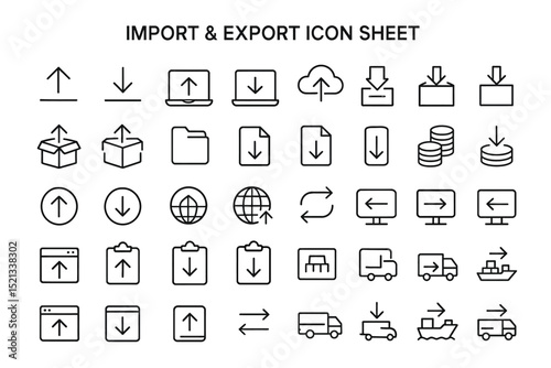 Import and Export Icon Sheet: A comprehensive collection of sleek and minimalist icons, each carefully designed to represent various aspects of import and export processes.