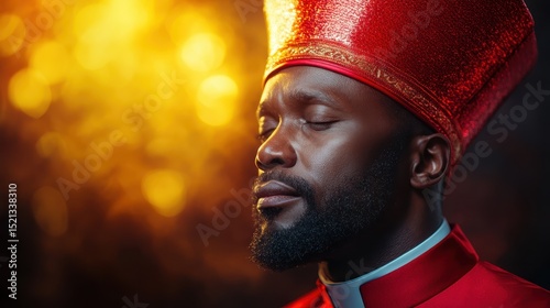 A solemn portrait of a man wearing a resplendent red vestment, exuding confidence and authority, framed by an ethereal golden backdrop, is inviting and profound.