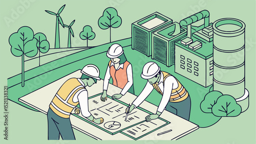 Three engineers reviewing a blueprint at a green energy site with wind turbines and industrial buildings visible