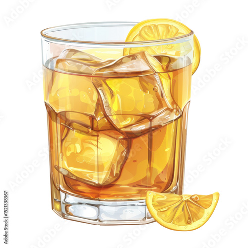 Refreshing glass of iced tea with lemon slices and ice cubes, perfect for hot day. vibrant colors and clear glass highlight drink appeal, making it inviting choice for relaxation