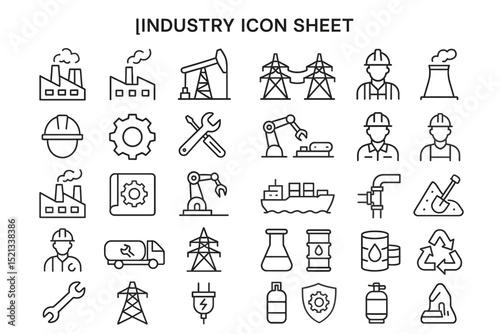 Industry Icon Sheet: A comprehensive, line-art illustration showcasing a wide array of industry-related icons.