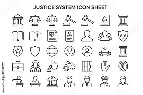 Justice System Icon Set: A comprehensive collection of minimalist vector icons representing various legal and justice-related concepts and elements, ideal for educational resources, legal documents.